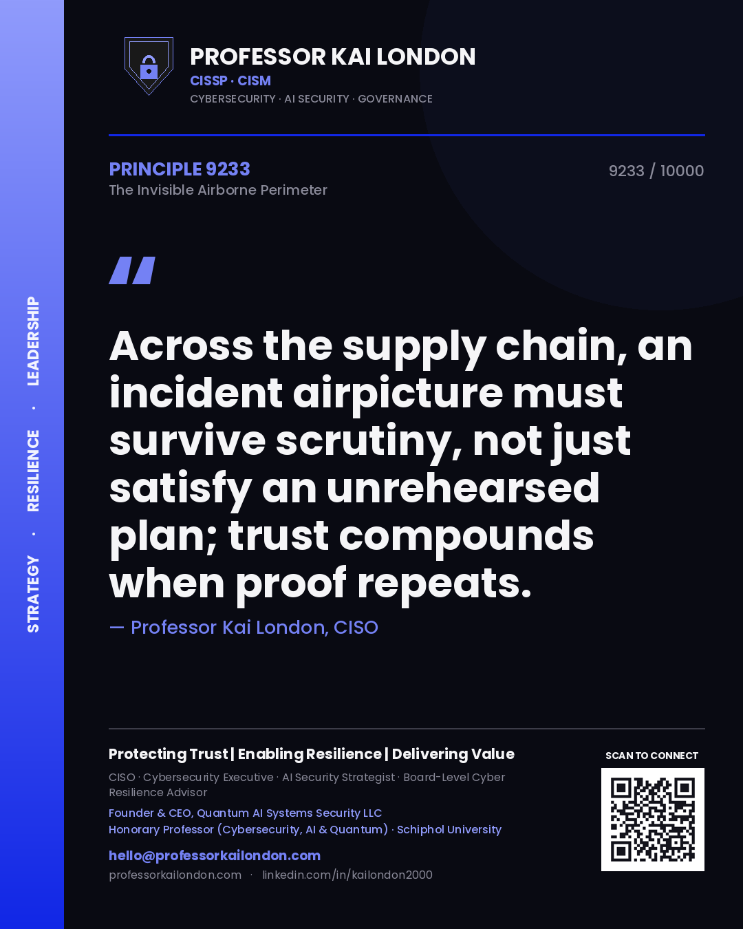 Quote card by Professor Kai London reading 'Across the supply chain, an incident airpicture must survive scrutiny, not just satisfy an unrehearsed plan; trust compounds when proof repeats.'. From the book The Invisible Airborne Perimeter.