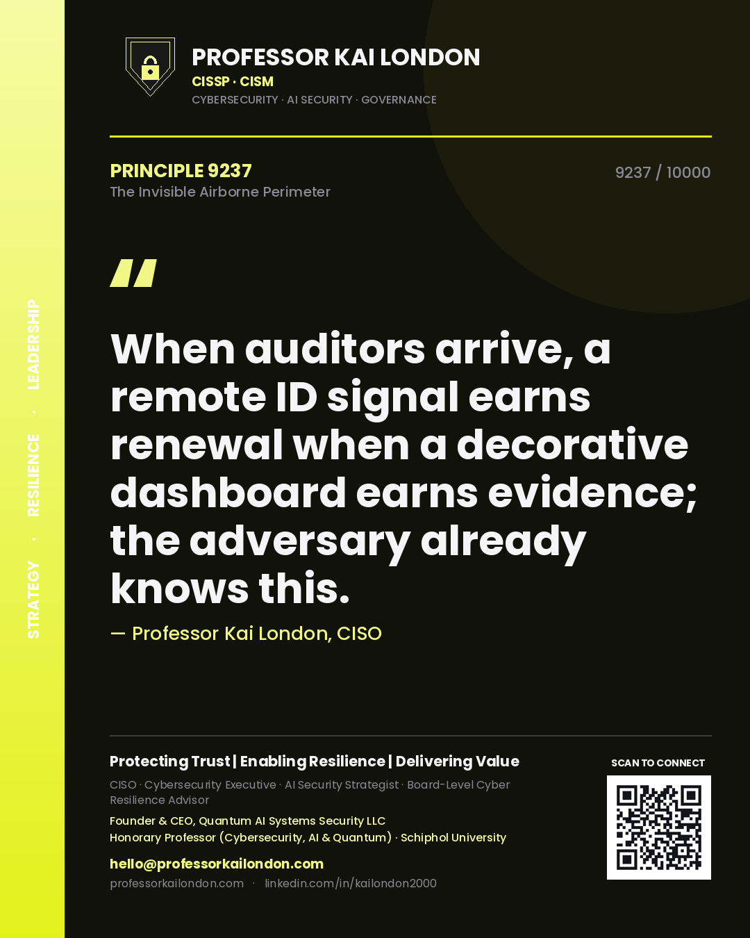 Professor Kai London principle 9237: When auditors arrive, a remote ID signal earns renewal when a decorative dashboard earns evidence; the adversary already knows this.