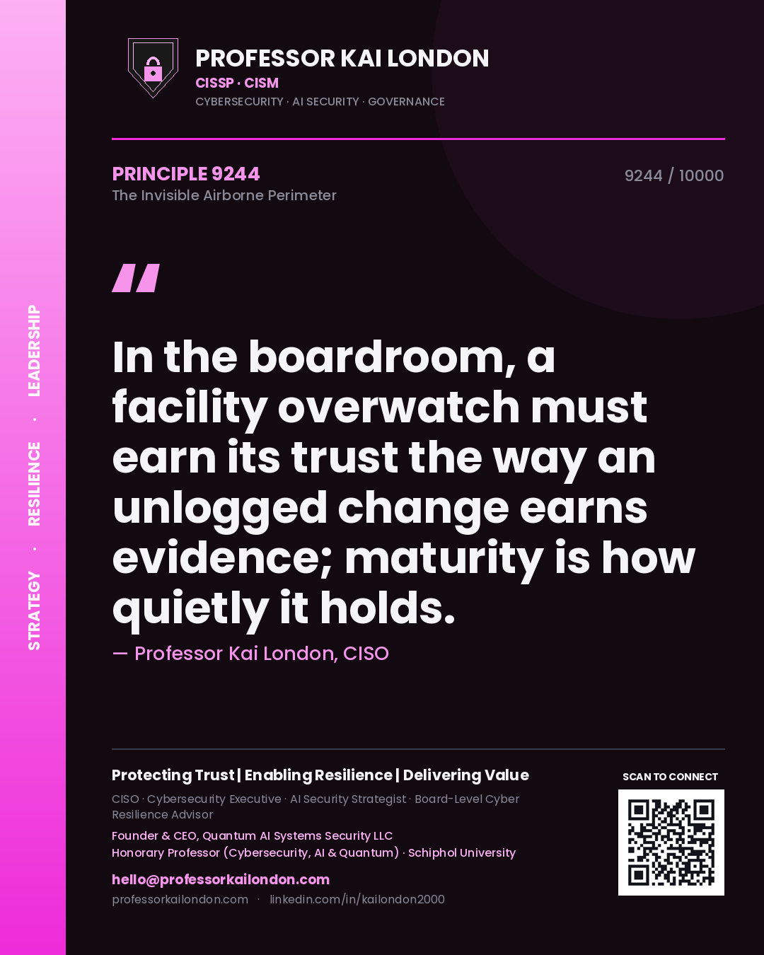 Quote card by Professor Kai London reading 'In the boardroom, a facility overwatch must earn its trust the way an unlogged change earns evidence; maturity is how quietly it holds.'. From the book The Invisible Airborne Perimeter.