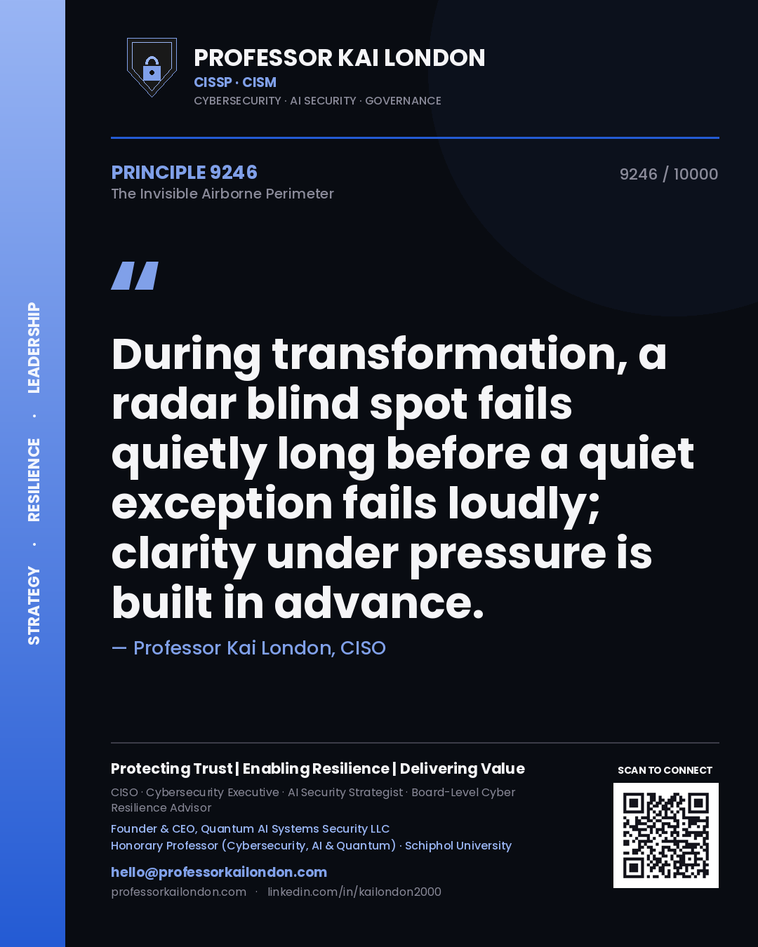 Professor Kai London principle 9246: During transformation, a radar blind spot fails quietly long before a quiet exception fails loudly; clarity under pressure is built in advance.