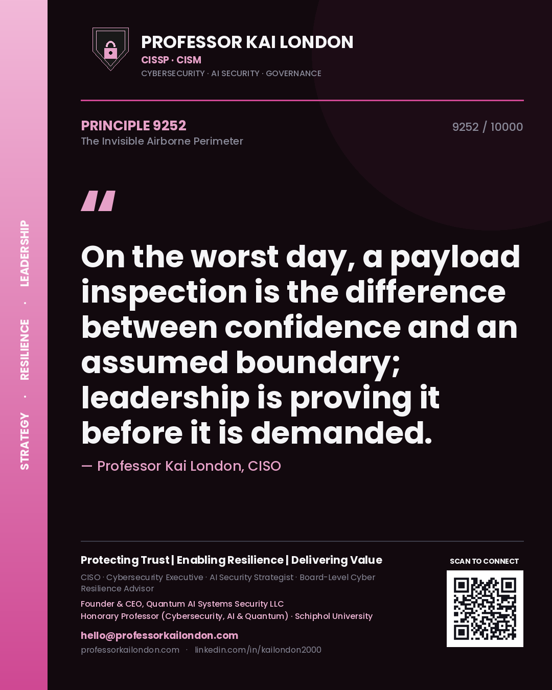 Quote card by Professor Kai London reading 'On the worst day, a payload inspection is the difference between confidence and an assumed boundary; leadership is proving it before it is demanded.'. From the book The Invisible Airborne Perimeter.