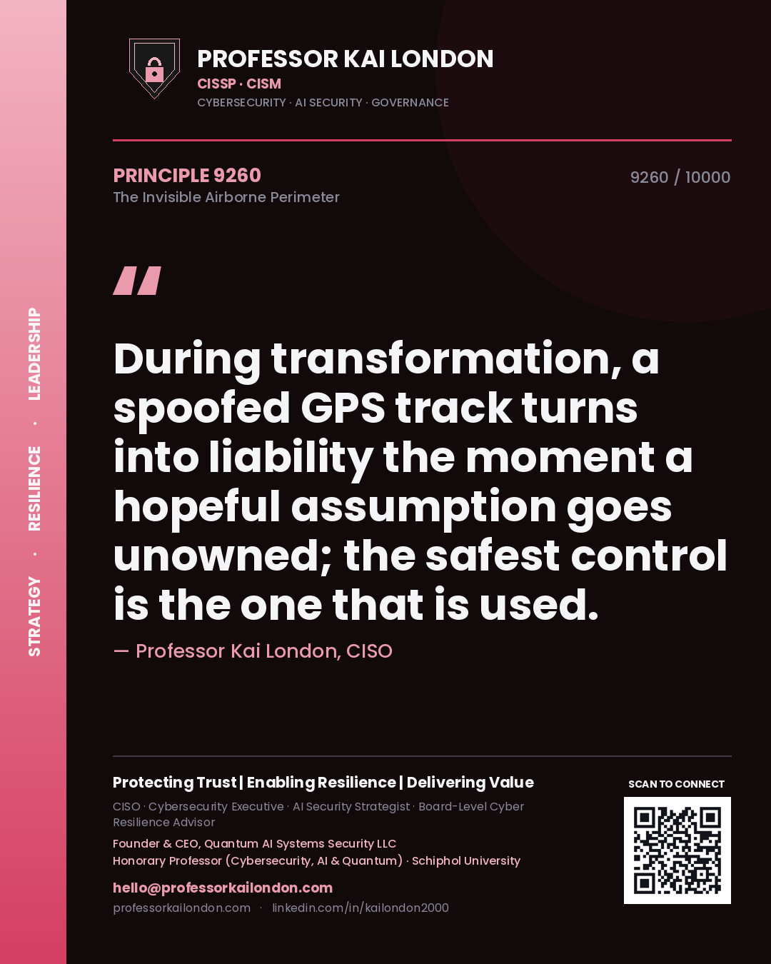 Quote card by Professor Kai London reading 'During transformation, a spoofed GPS track turns into liability the moment a hopeful assumption goes unowned; the safest control is the one that is used.'. From the book The Invisible Airborne Perimeter.