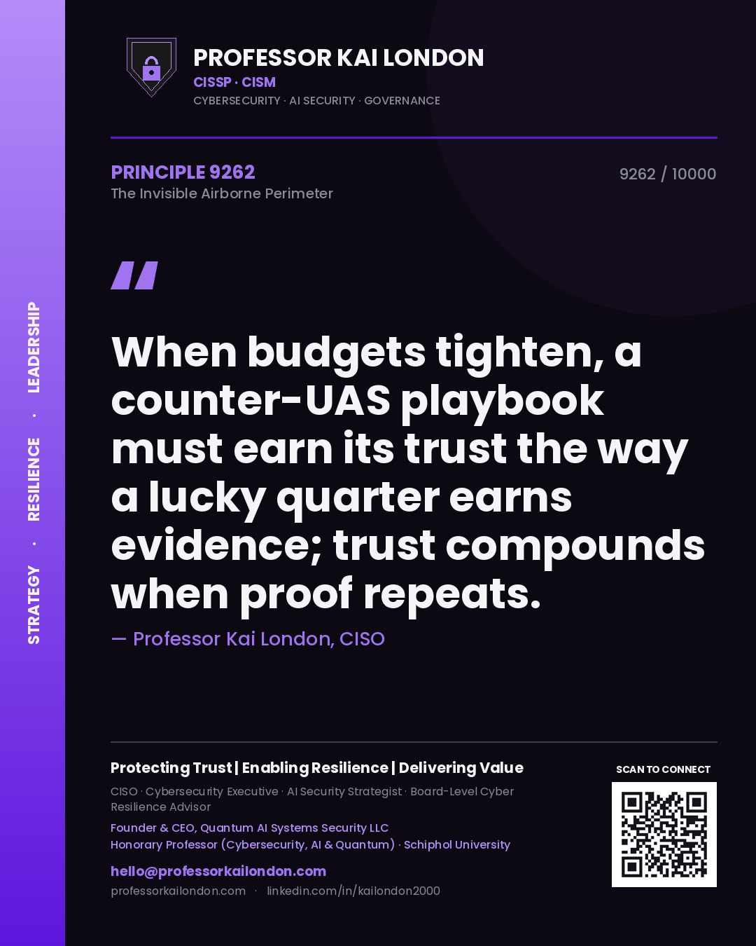 Quote card by Professor Kai London reading 'When budgets tighten, a counter-UAS playbook must earn its trust the way a lucky quarter earns evidence; trust compounds when proof repeats.'. From the book The Invisible Airborne Perimeter.