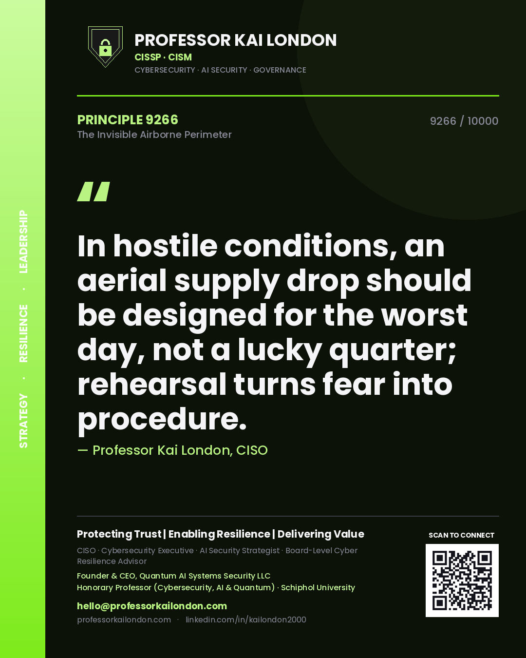 Quote card by Professor Kai London reading 'In hostile conditions, an aerial supply drop should be designed for the worst day, not a lucky quarter; rehearsal turns fear into procedure.'. From the book The Invisible Airborne Perimeter.