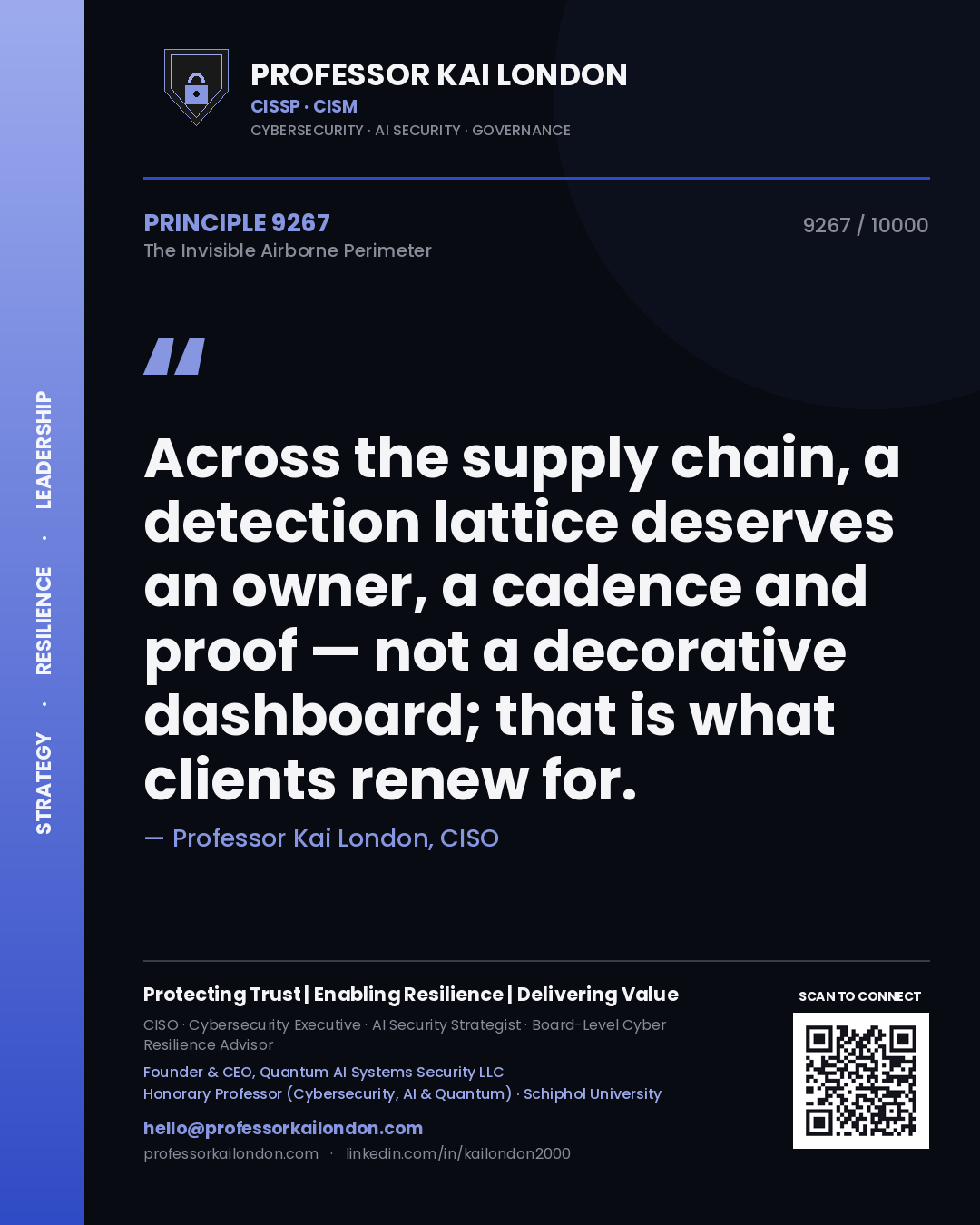 Quote card by Professor Kai London reading 'Across the supply chain, a detection lattice deserves an owner, a cadence and proof — not a decorative dashboard; that is what clients renew for.'. From the book The Invisible Airborne Perimeter.