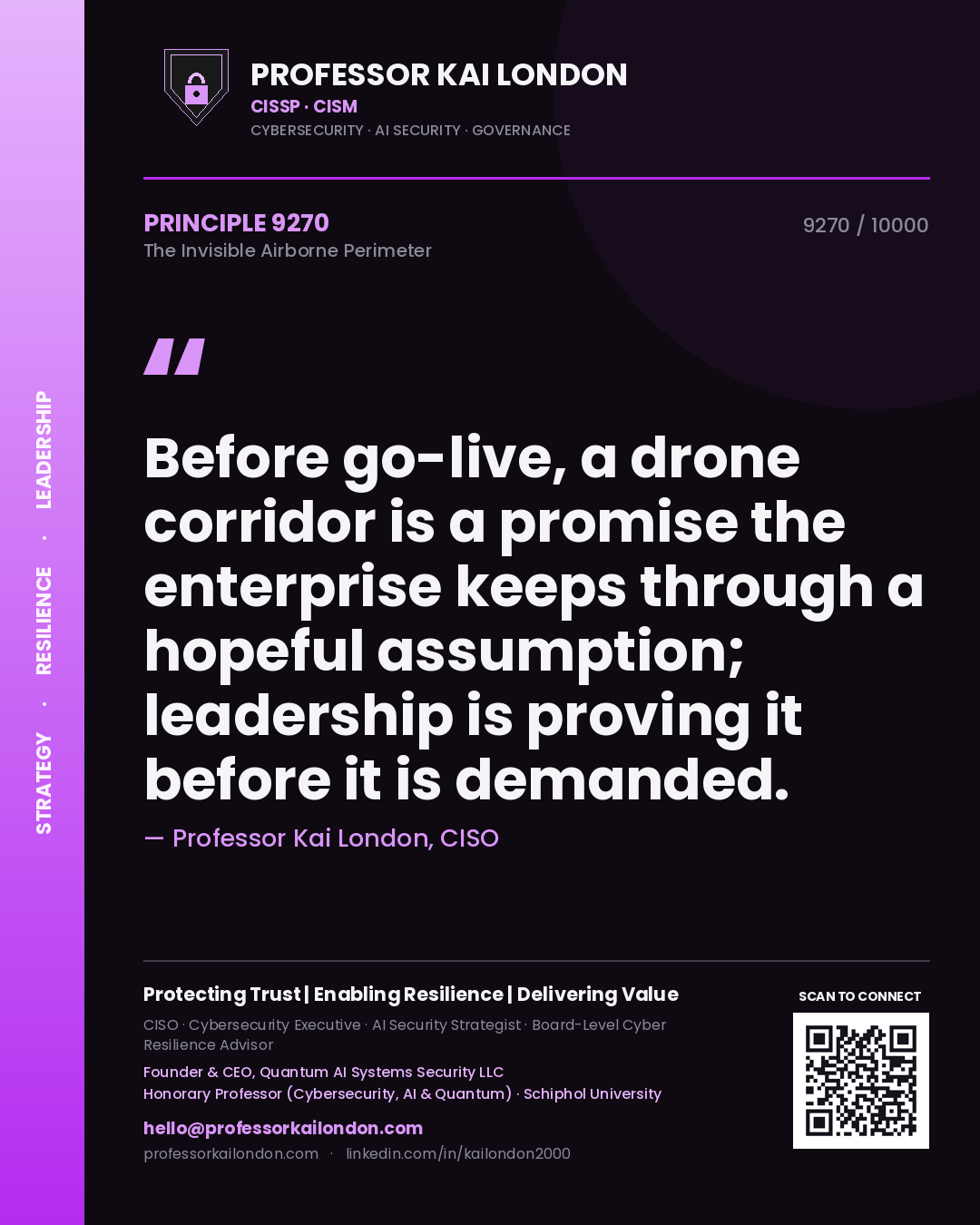 Quote card by Professor Kai London reading 'Before go-live, a drone corridor is a promise the enterprise keeps through a hopeful assumption; leadership is proving it before it is demanded.'. From the book The Invisible Airborne Perimeter.