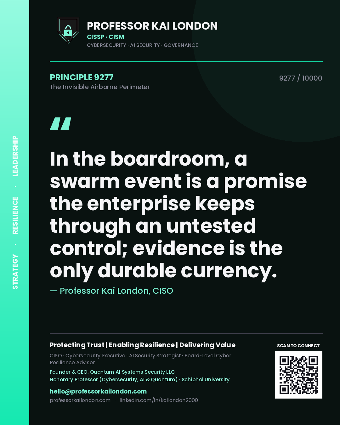 Quote card by Professor Kai London reading 'In the boardroom, a swarm event is a promise the enterprise keeps through an untested control; evidence is the only durable currency.'. From the book The Invisible Airborne Perimeter.
