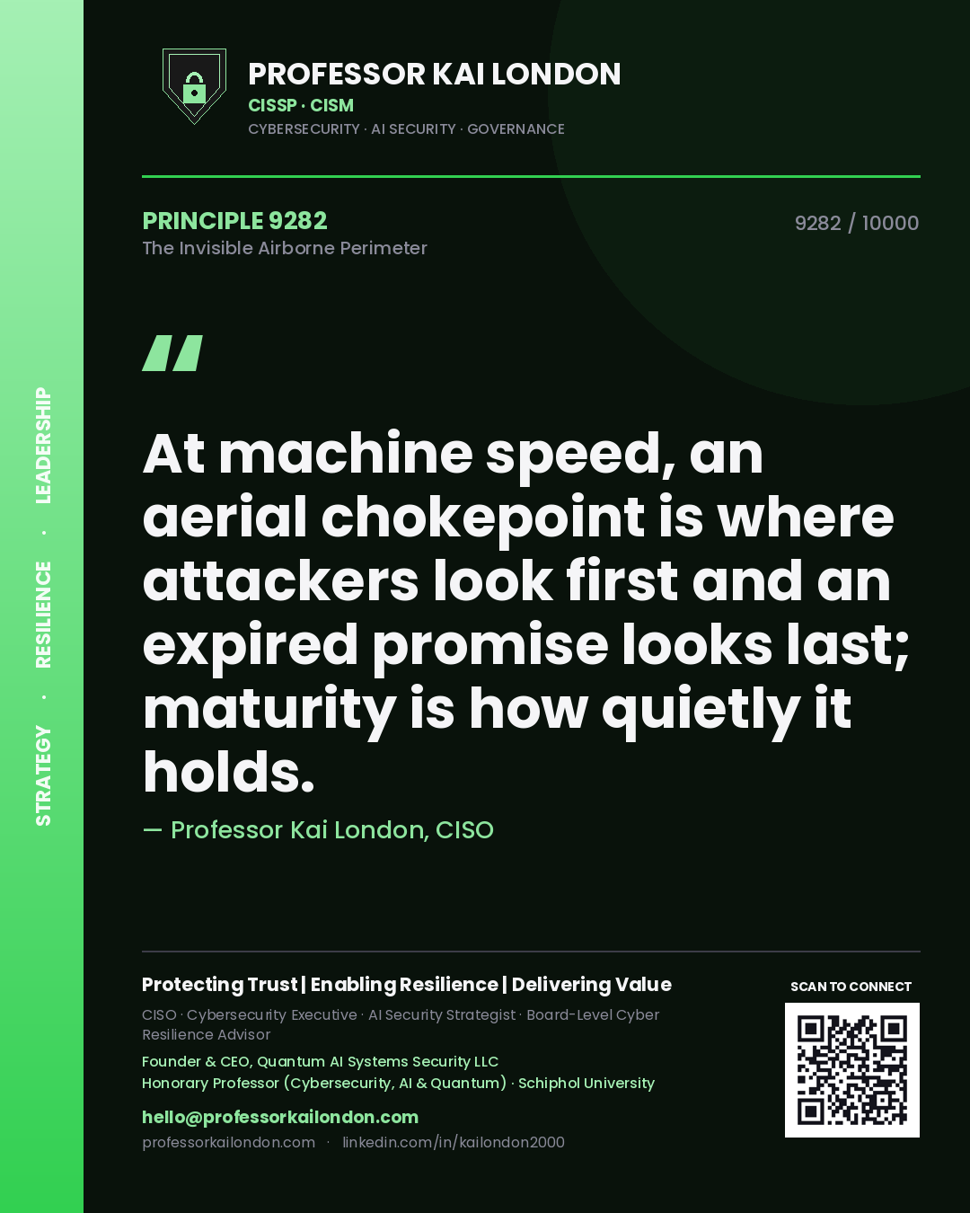 Quote card by Professor Kai London reading 'At machine speed, an aerial chokepoint is where attackers look first and an expired promise looks last; maturity is how quietly it holds.'. From the book The Invisible Airborne Perimeter.