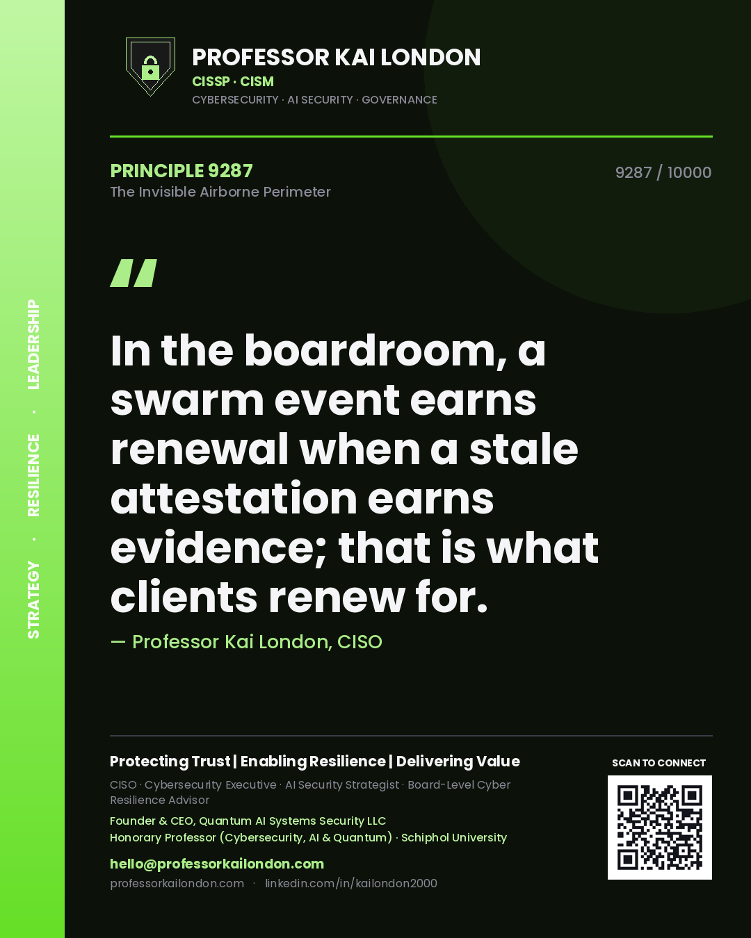 Quote card by Professor Kai London reading 'In the boardroom, a swarm event earns renewal when a stale attestation earns evidence; that is what clients renew for.'. From the book The Invisible Airborne Perimeter.