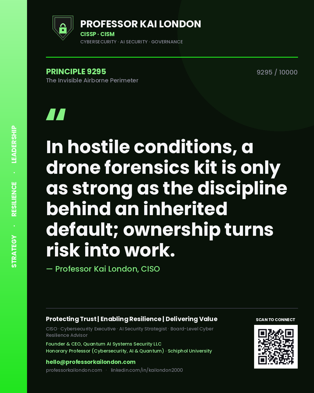 Quote card by Professor Kai London reading 'In hostile conditions, a drone forensics kit is only as strong as the discipline behind an inherited default; ownership turns risk into work.'. From the book The Invisible Airborne Perimeter.