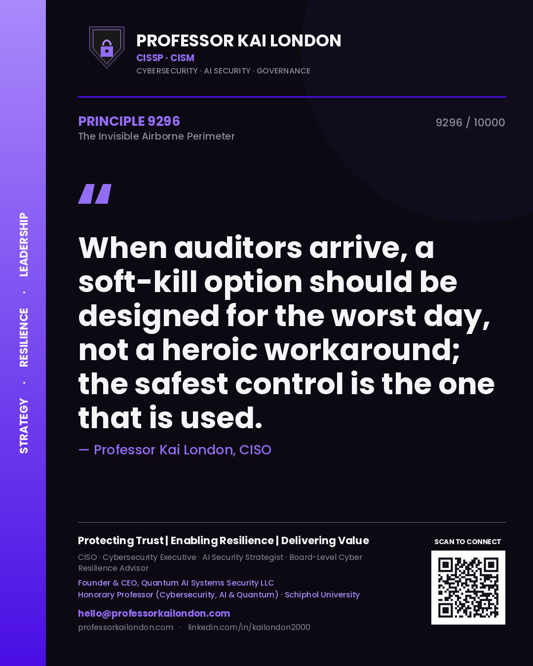 Quote card by Professor Kai London reading 'When auditors arrive, a soft-kill option should be designed for the worst day, not a heroic workaround; the safest control is the one that is used.'. From the book The Invisible Airborne Perimeter.