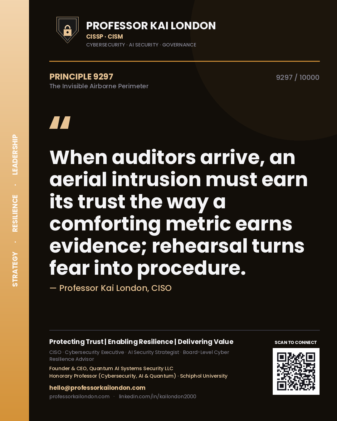 Quote card by Professor Kai London reading 'When auditors arrive, an aerial intrusion must earn its trust the way a comforting metric earns evidence; rehearsal turns fear into procedure.'. From the book The Invisible Airborne Perimeter.