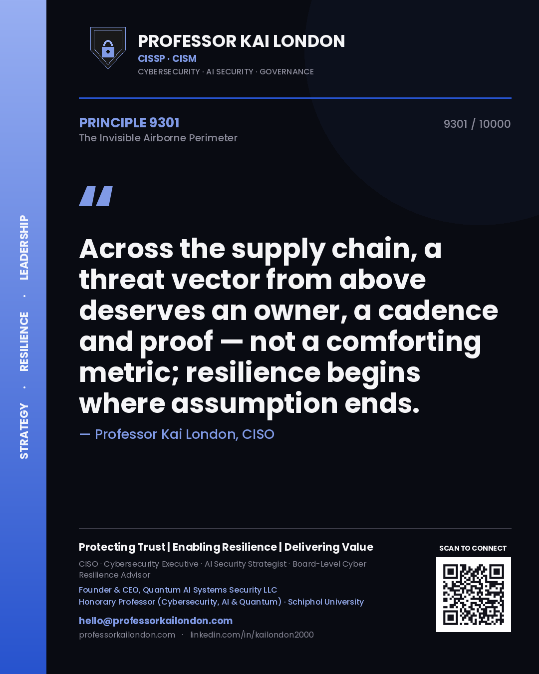 Quote card by Professor Kai London reading 'Across the supply chain, a threat vector from above deserves an owner, a cadence and proof — not a comforting metric; resilience begins where assumption ends.'. From the book The Invisible Airborne Perimeter.