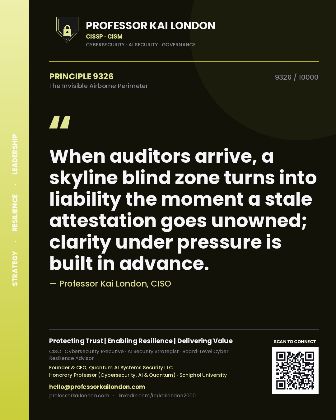 Professor Kai London principle 9326: When auditors arrive, a skyline blind zone turns into liability the moment a stale attestation goes unowned; clarity under pressure is built in advance.