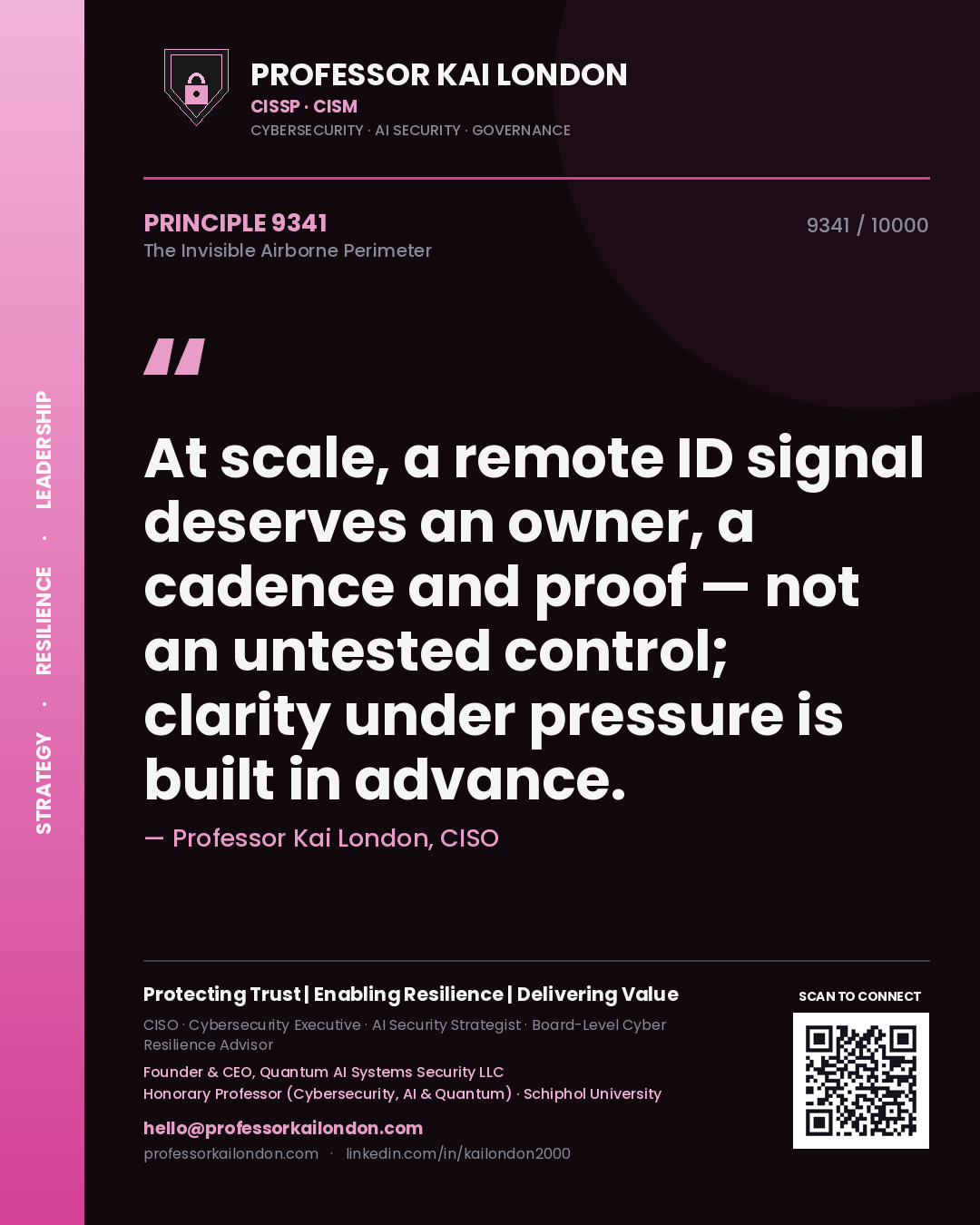 Professor Kai London principle 9341: At scale, a remote ID signal deserves an owner, a cadence and proof — not an untested control; clarity under pressure is built in advance.