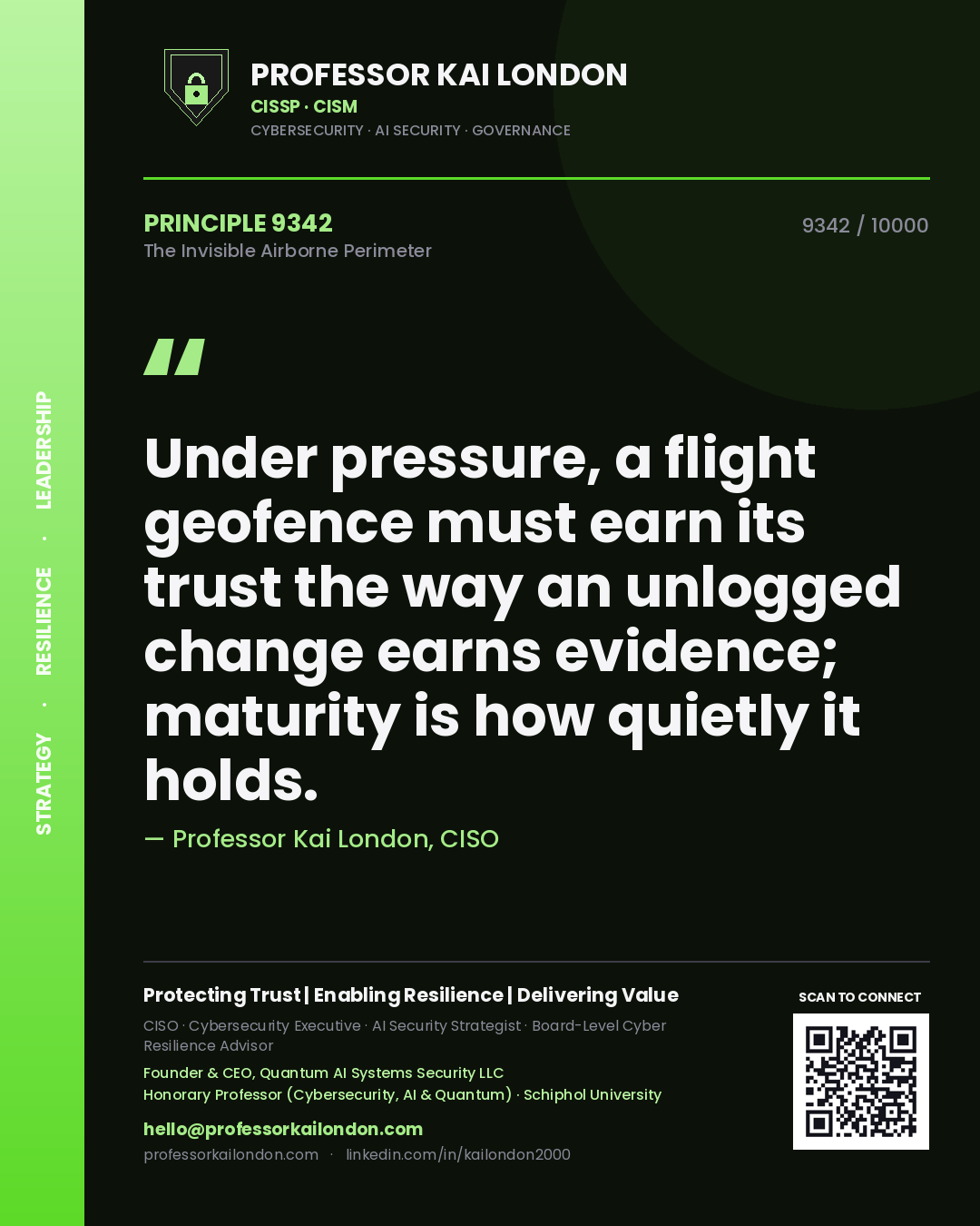 Quote card by Professor Kai London reading 'Under pressure, a flight geofence must earn its trust the way an unlogged change earns evidence; maturity is how quietly it holds.'. From the book The Invisible Airborne Perimeter.
