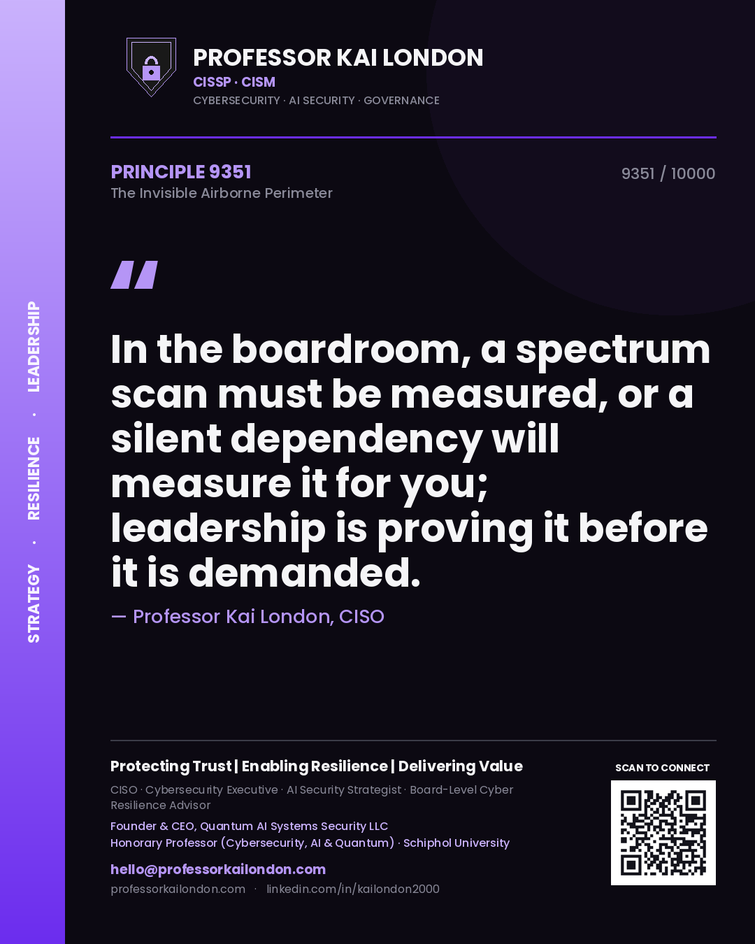 Quote card by Professor Kai London reading 'In the boardroom, a spectrum scan must be measured, or a silent dependency will measure it for you; leadership is proving it before it is demanded.'. From the book The Invisible Airborne Perimeter.