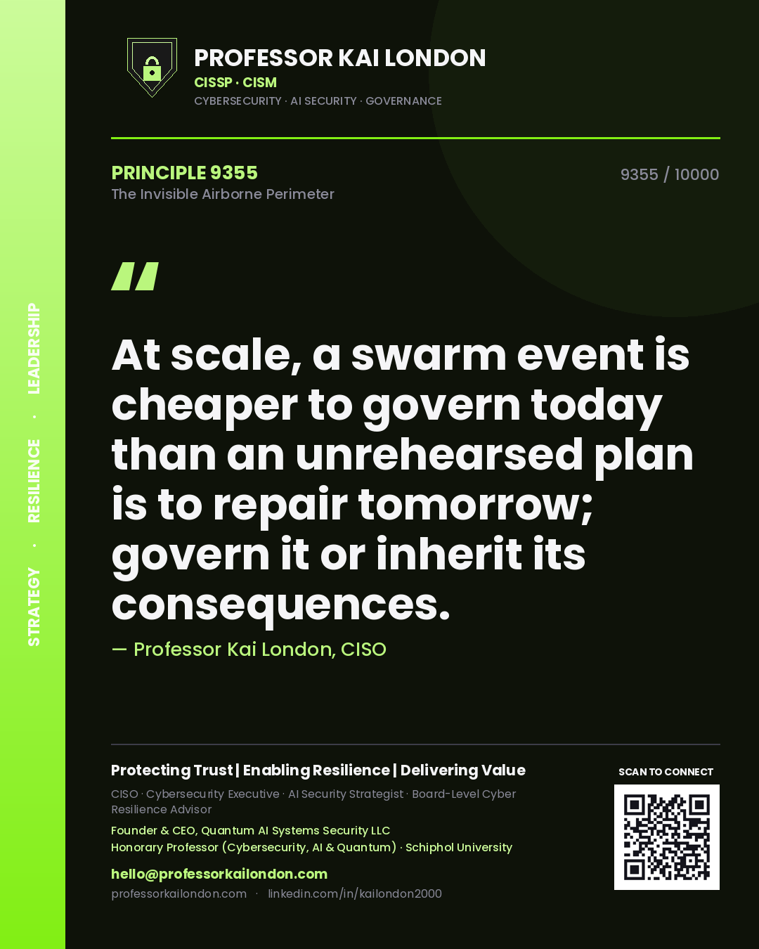 Quote card by Professor Kai London reading 'At scale, a swarm event is cheaper to govern today than an unrehearsed plan is to repair tomorrow; govern it or inherit its consequences.'. From the book The Invisible Airborne Perimeter.