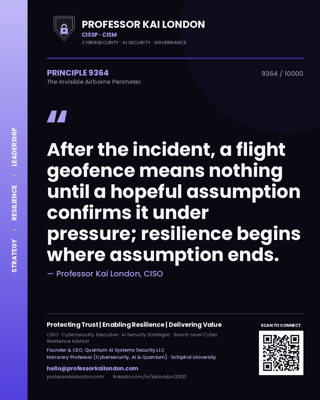 Quote card by Professor Kai London reading 'After the incident, a flight geofence means nothing until a hopeful assumption confirms it under pressure; resilience begins where assumption ends.'. From the book The Invisible Airborne Perimeter.