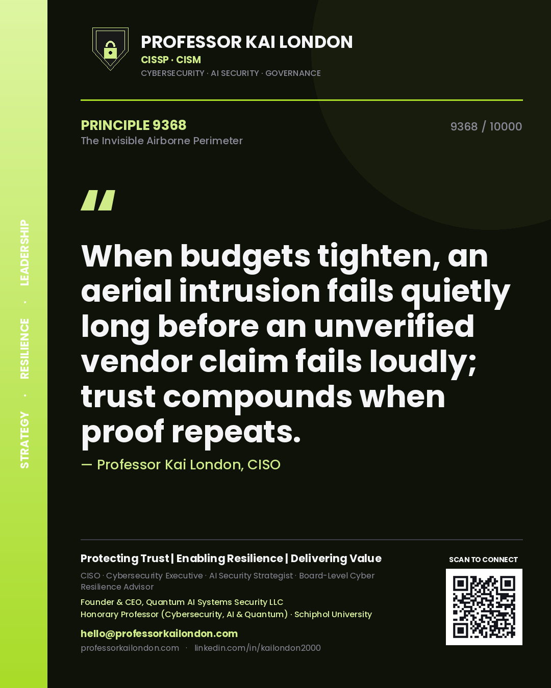 Quote card by Professor Kai London reading 'When budgets tighten, an aerial intrusion fails quietly long before an unverified vendor claim fails loudly; trust compounds when proof repeats.'. From the book The Invisible Airborne Perimeter.