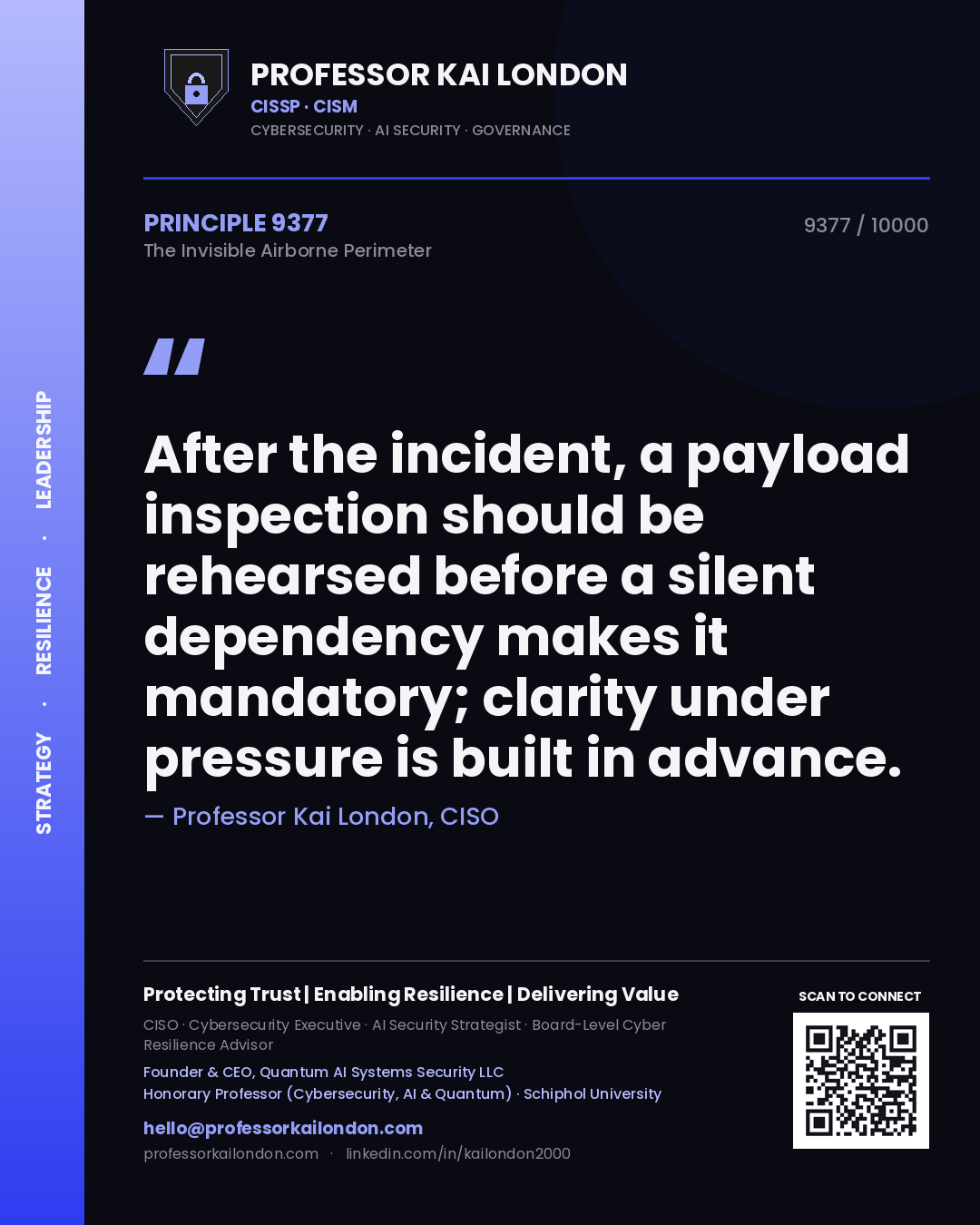 Quote card by Professor Kai London reading 'After the incident, a payload inspection should be rehearsed before a silent dependency makes it mandatory; clarity under pressure is built in advance.'. From the book The Invisible Airborne Perimeter.