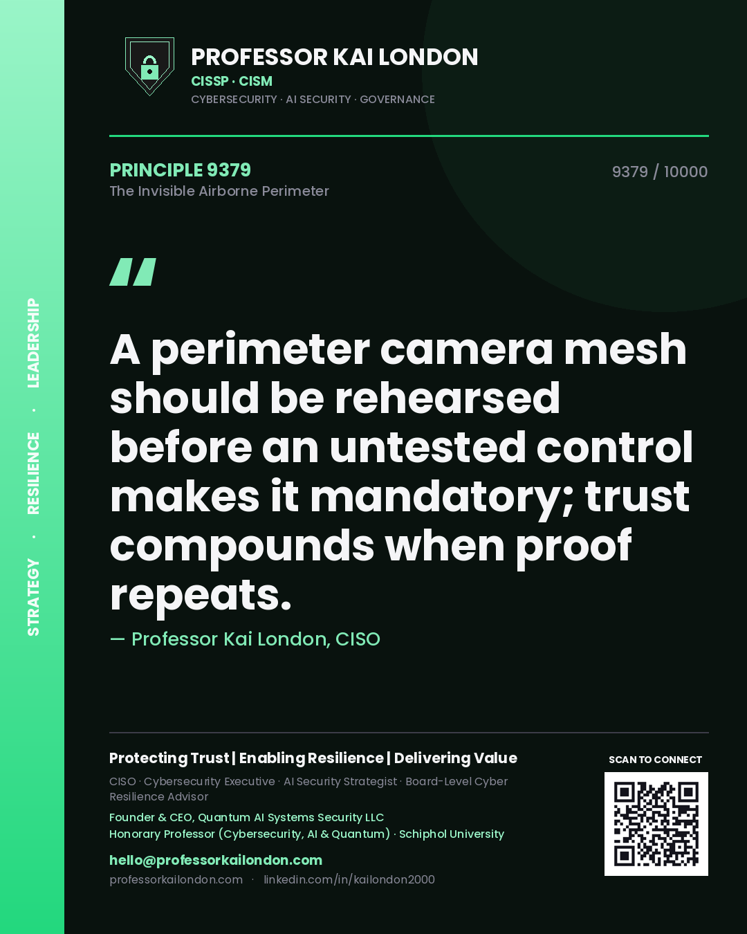 Quote card by Professor Kai London reading 'A perimeter camera mesh should be rehearsed before an untested control makes it mandatory; trust compounds when proof repeats.'. From the book The Invisible Airborne Perimeter.