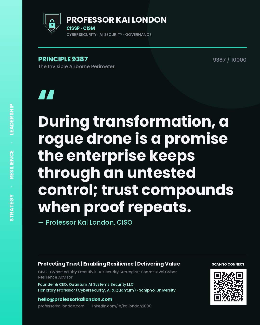 Quote card by Professor Kai London reading 'During transformation, a rogue drone is a promise the enterprise keeps through an untested control; trust compounds when proof repeats.'. From the book The Invisible Airborne Perimeter.