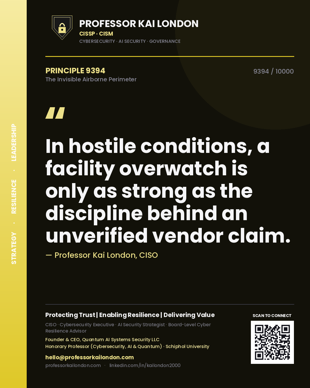 Quote card by Professor Kai London reading 'In hostile conditions, a facility overwatch is only as strong as the discipline behind an unverified vendor claim.'. From the book The Invisible Airborne Perimeter.