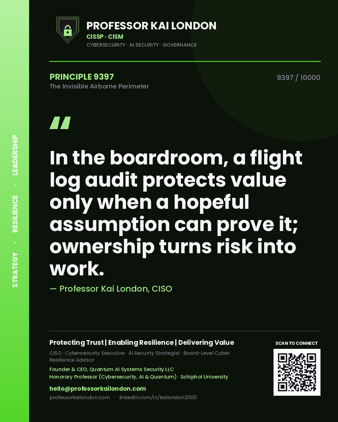 Professor Kai London principle 9397: In the boardroom, a flight log audit protects value only when a hopeful assumption can prove it; ownership turns risk into work.