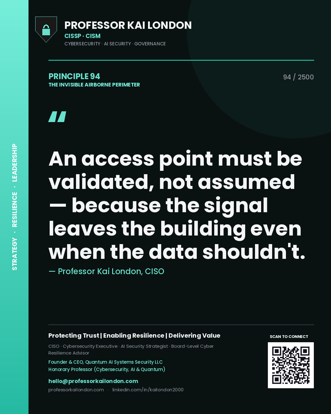 Quote card by Professor Kai London reading 'An access point must be validated, not assumed — because the signal leaves the building even when the data shouldn't.'. From the book The Invisible Airborne Perimeter.