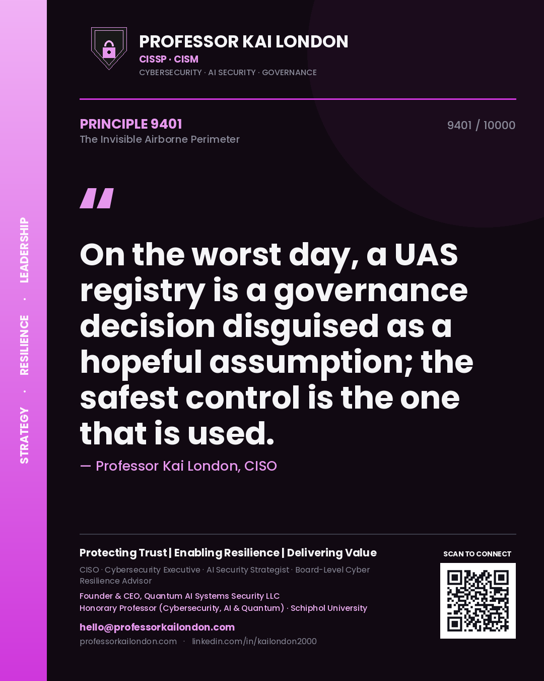 Quote card by Professor Kai London reading 'On the worst day, a UAS registry is a governance decision disguised as a hopeful assumption; the safest control is the one that is used.'. From the book The Invisible Airborne Perimeter.