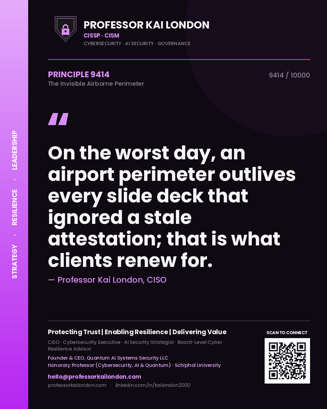 Quote card by Professor Kai London reading 'On the worst day, an airport perimeter outlives every slide deck that ignored a stale attestation; that is what clients renew for.'. From the book The Invisible Airborne Perimeter.