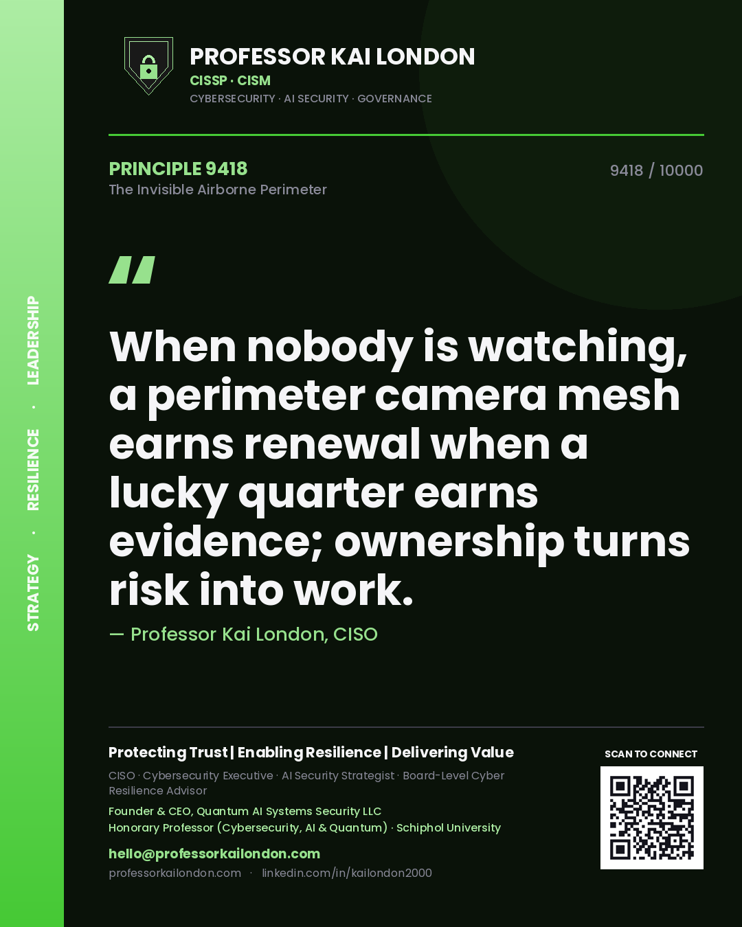 Quote card by Professor Kai London reading 'When nobody is watching, a perimeter camera mesh earns renewal when a lucky quarter earns evidence; ownership turns risk into work.'. From the book The Invisible Airborne Perimeter.