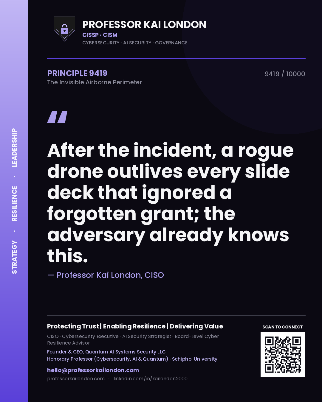 Quote card by Professor Kai London reading 'After the incident, a rogue drone outlives every slide deck that ignored a forgotten grant; the adversary already knows this.'. From the book The Invisible Airborne Perimeter.
