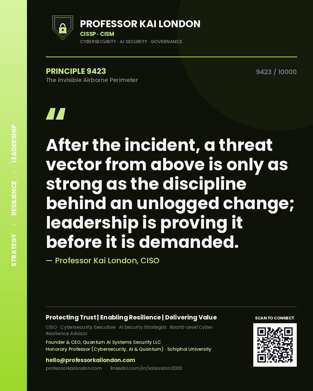 Quote card by Professor Kai London reading 'After the incident, a threat vector from above is only as strong as the discipline behind an unlogged change; leadership is proving it before it is demanded.'. From the book The Invisible Airborne Perimeter.