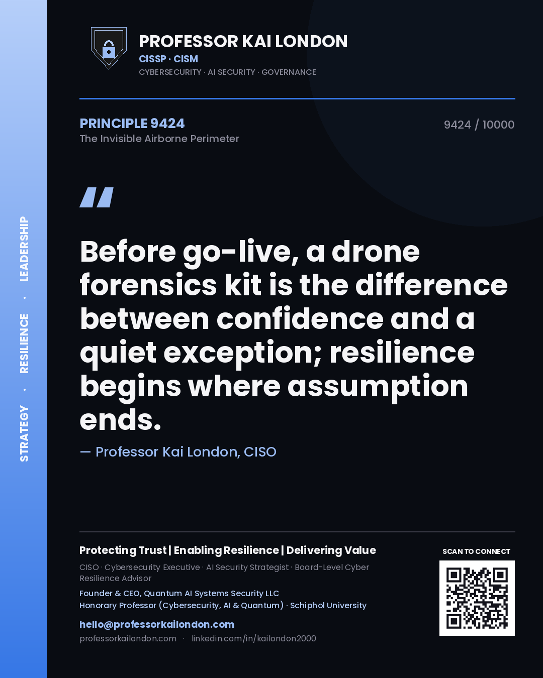 Quote card by Professor Kai London reading 'Before go-live, a drone forensics kit is the difference between confidence and a quiet exception; resilience begins where assumption ends.'. From the book The Invisible Airborne Perimeter.