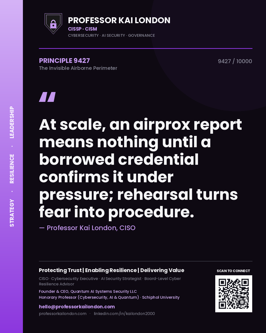 Quote card by Professor Kai London reading 'At scale, an airprox report means nothing until a borrowed credential confirms it under pressure; rehearsal turns fear into procedure.'. From the book The Invisible Airborne Perimeter.