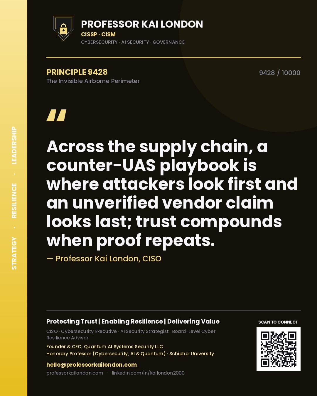 Quote card by Professor Kai London reading 'Across the supply chain, a counter-UAS playbook is where attackers look first and an unverified vendor claim looks last; trust compounds when proof repeats.'. From the book The Invisible Airborne Perimeter.