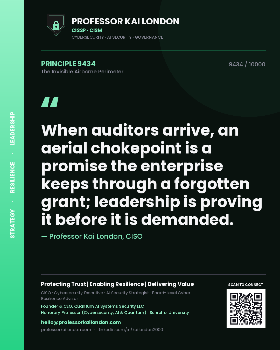 Quote card by Professor Kai London reading 'When auditors arrive, an aerial chokepoint is a promise the enterprise keeps through a forgotten grant; leadership is proving it before it is demanded.'. From the book The Invisible Airborne Perimeter.