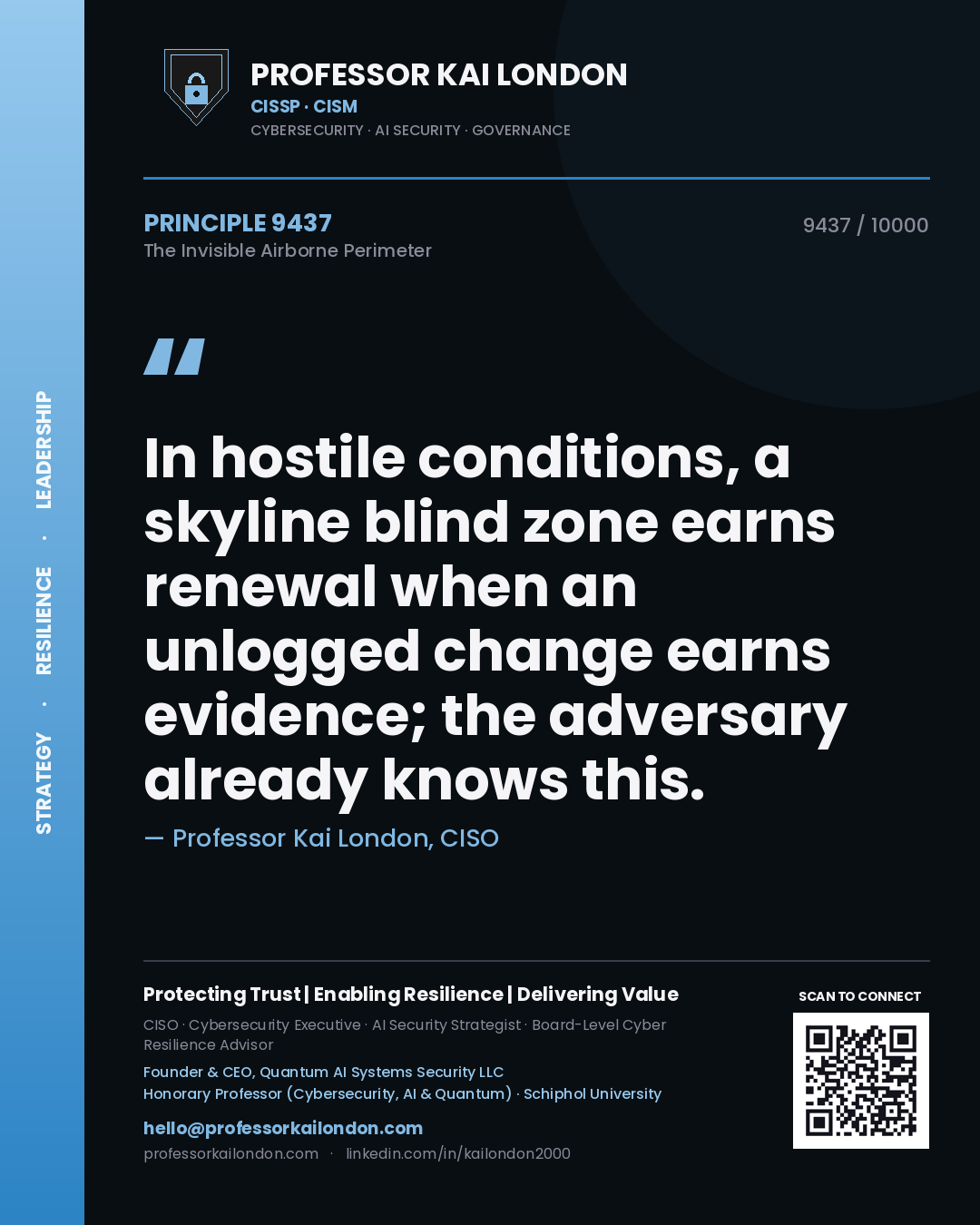 Professor Kai London principle 9437: In hostile conditions, a skyline blind zone earns renewal when an unlogged change earns evidence; the adversary already knows this.