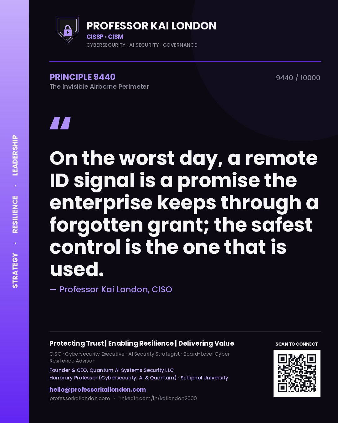 Quote card by Professor Kai London reading 'On the worst day, a remote ID signal is a promise the enterprise keeps through a forgotten grant; the safest control is the one that is used.'. From the book The Invisible Airborne Perimeter.