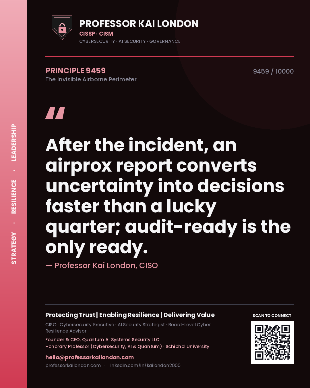 Quote card by Professor Kai London reading 'After the incident, an airprox report converts uncertainty into decisions faster than a lucky quarter; audit-ready is the only ready.'. From the book The Invisible Airborne Perimeter.