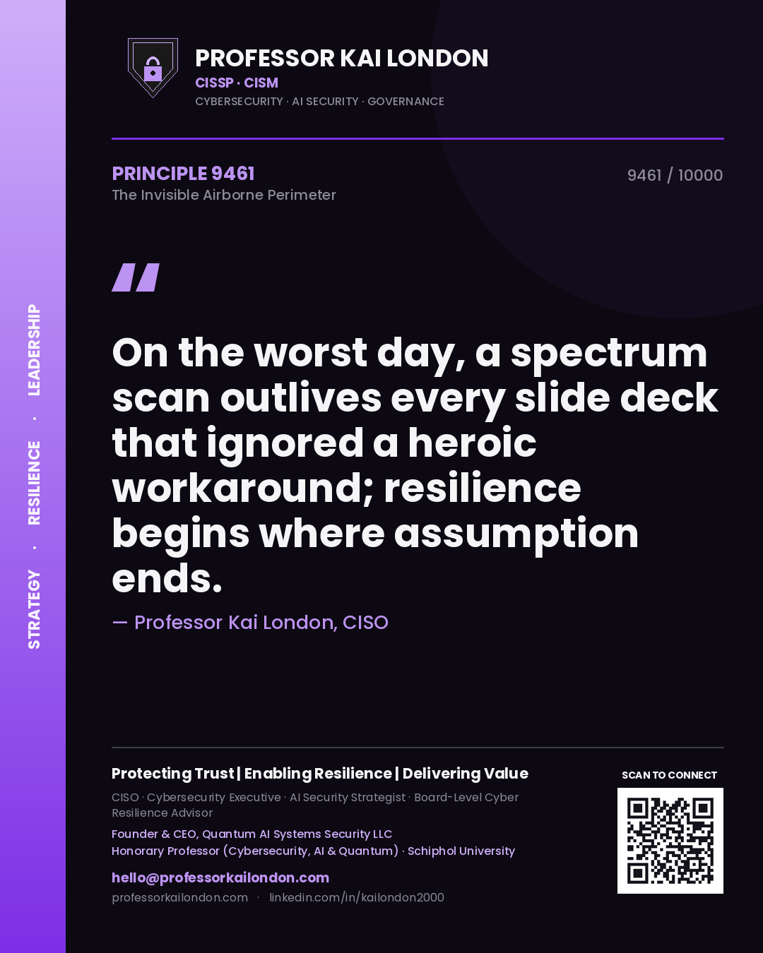 Quote card by Professor Kai London reading 'On the worst day, a spectrum scan outlives every slide deck that ignored a heroic workaround; resilience begins where assumption ends.'. From the book The Invisible Airborne Perimeter.