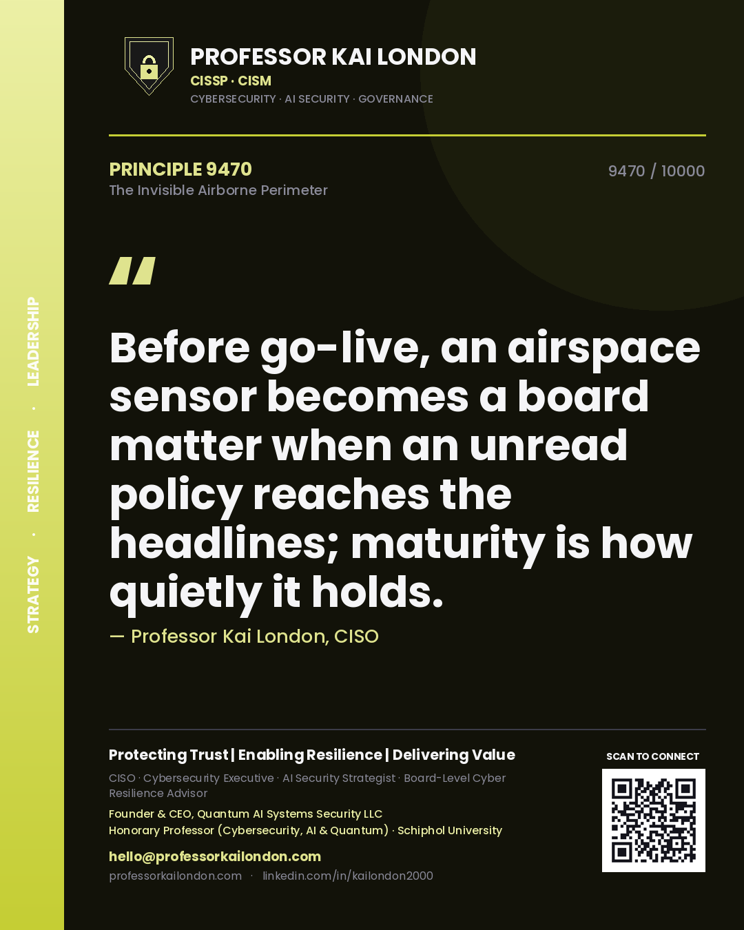 Quote card by Professor Kai London reading 'Before go-live, an airspace sensor becomes a board matter when an unread policy reaches the headlines; maturity is how quietly it holds.'. From the book The Invisible Airborne Perimeter.