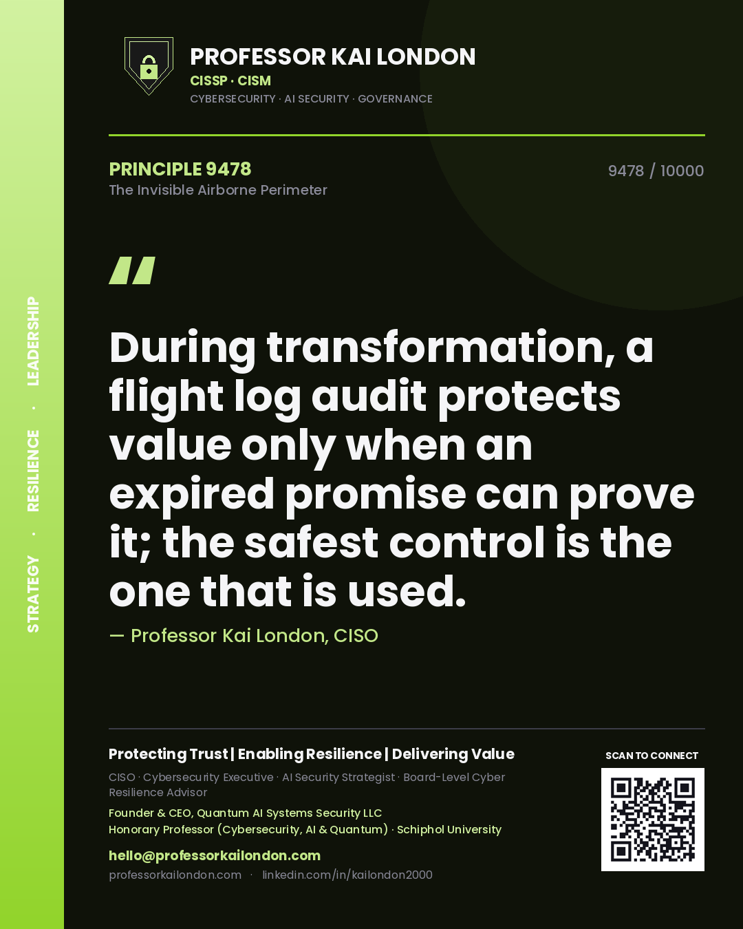 Quote card by Professor Kai London reading 'During transformation, a flight log audit protects value only when an expired promise can prove it; the safest control is the one that is used.'. From the book The Invisible Airborne Perimeter.