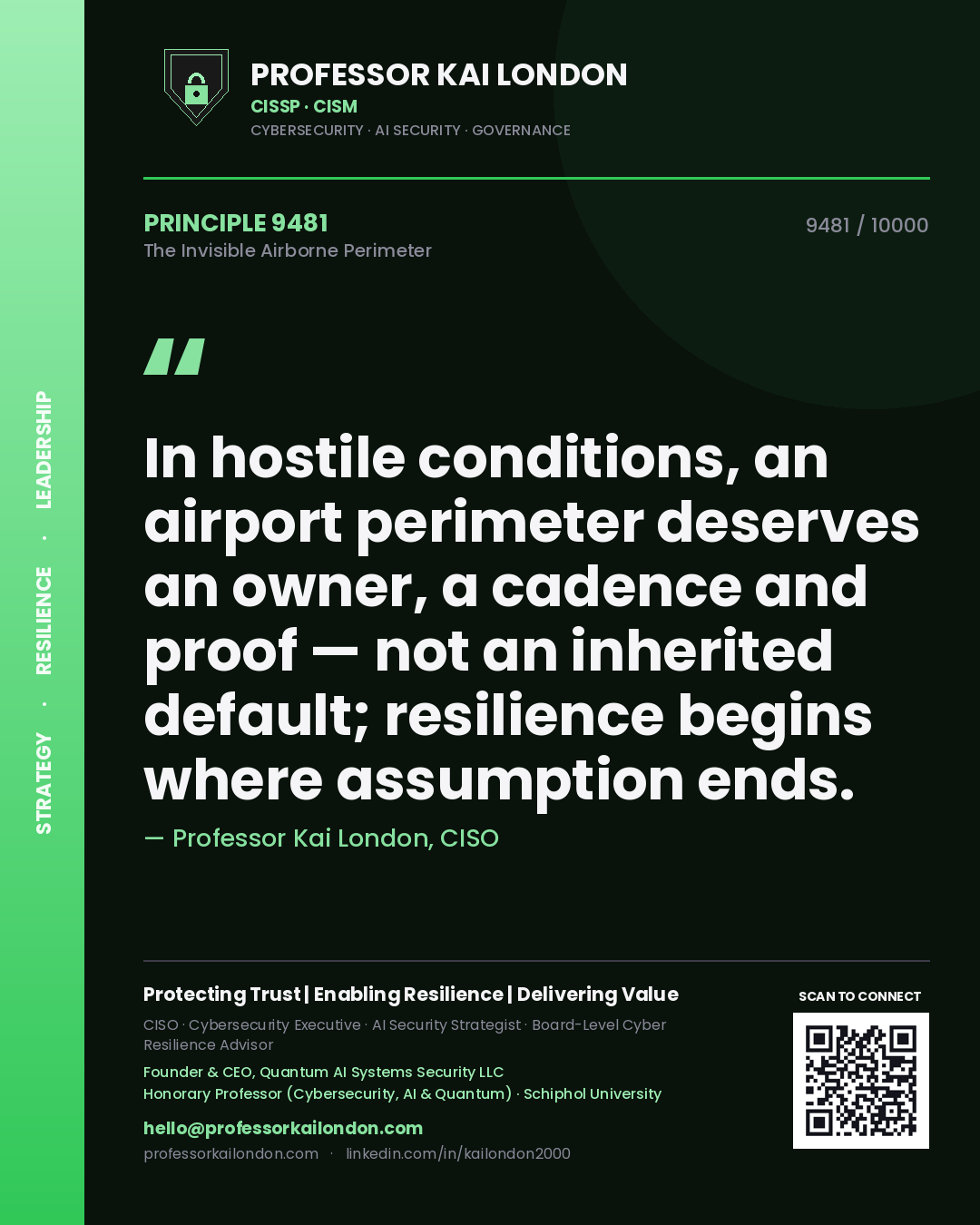 Quote card by Professor Kai London reading 'In hostile conditions, an airport perimeter deserves an owner, a cadence and proof — not an inherited default; resilience begins where assumption ends.'. From the book The Invisible Airborne Perimeter.