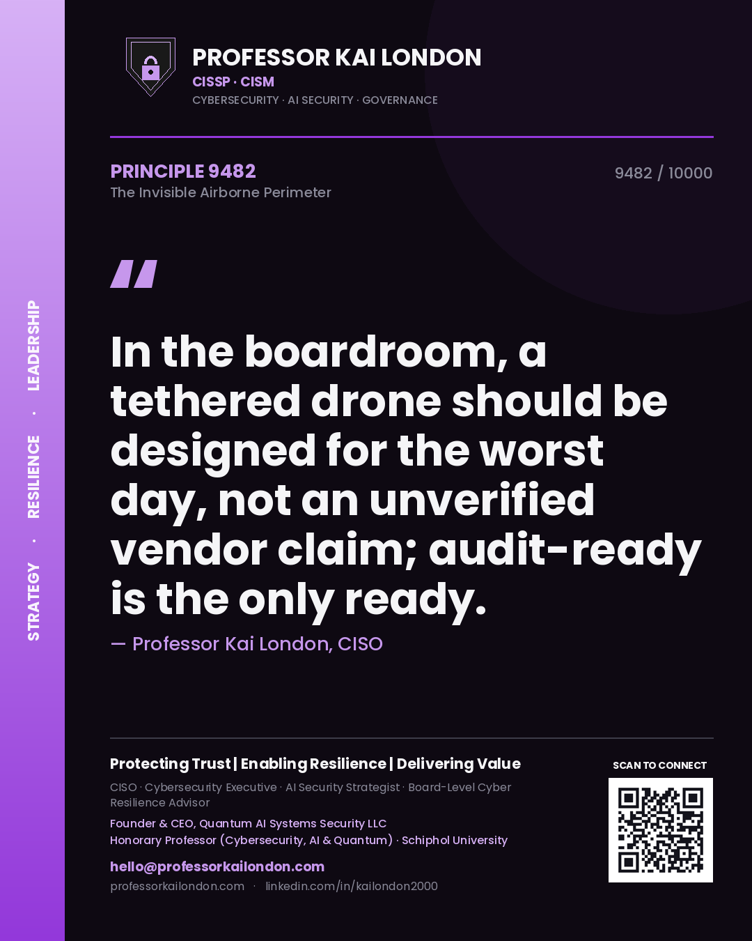 Quote card by Professor Kai London reading 'In the boardroom, a tethered drone should be designed for the worst day, not an unverified vendor claim; audit-ready is the only ready.'. From the book The Invisible Airborne Perimeter.