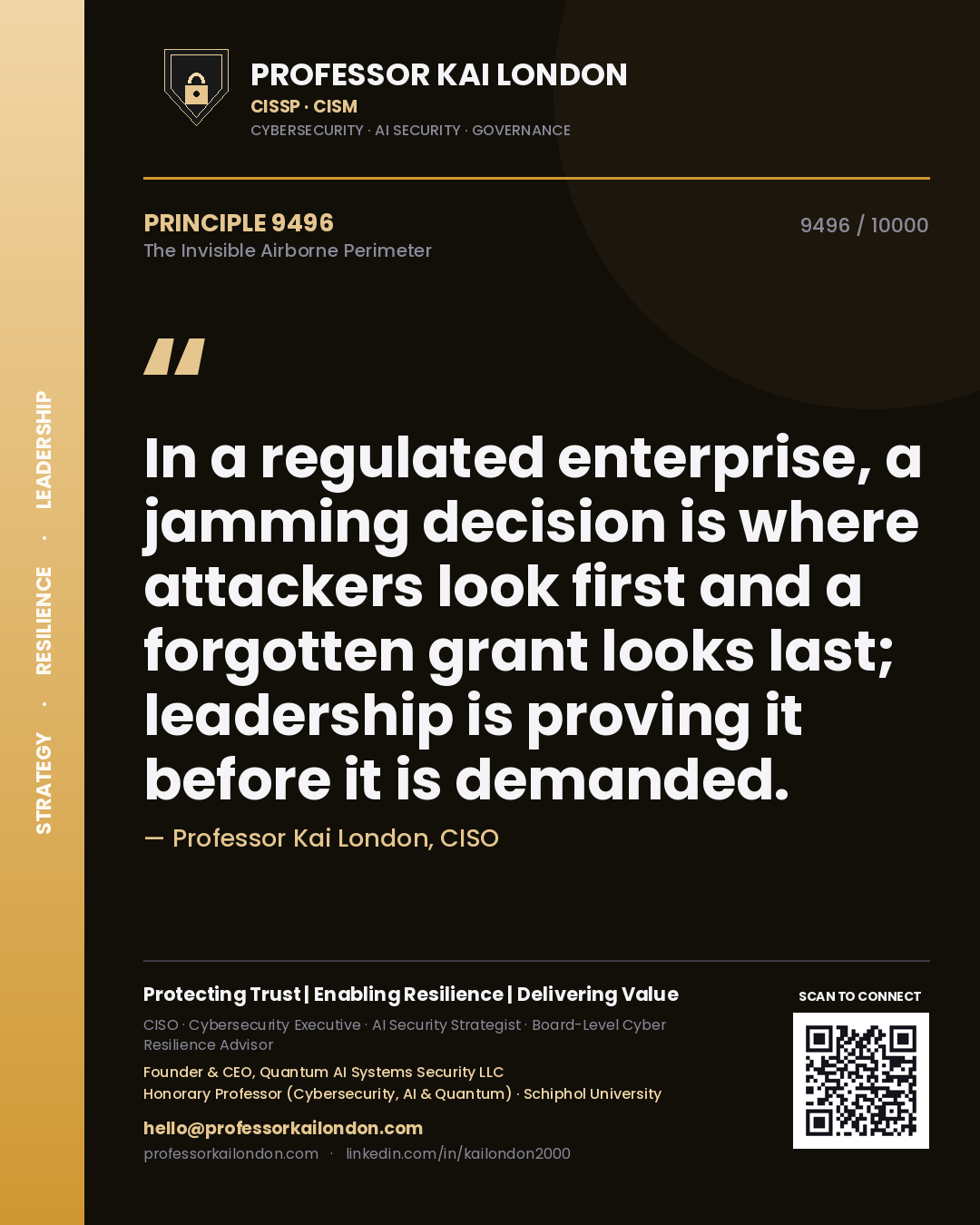 Professor Kai London principle 9496: In a regulated enterprise, a jamming decision is where attackers look first and a forgotten grant looks last; leadership is proving it before it is demanded.