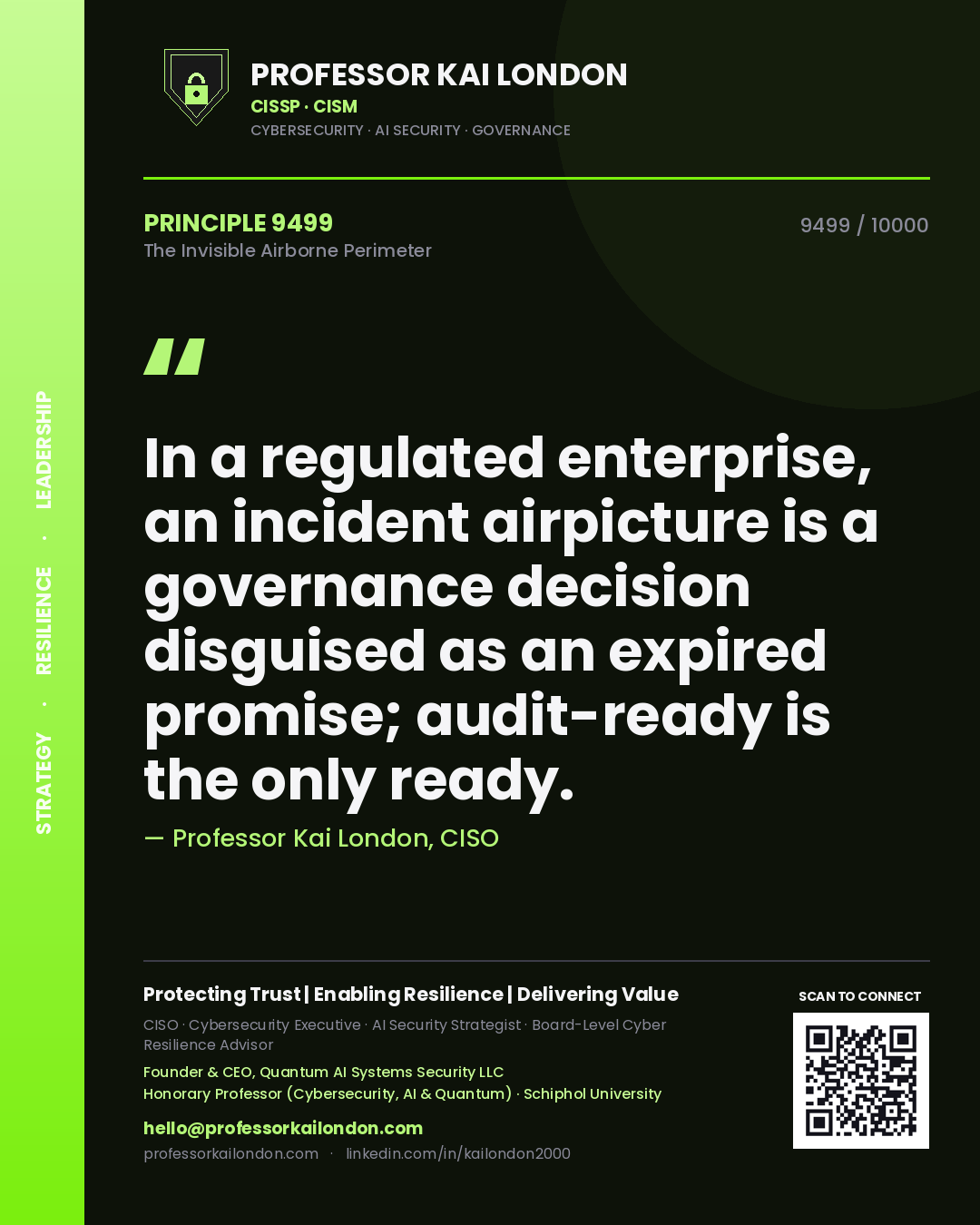 Quote card by Professor Kai London reading 'In a regulated enterprise, an incident airpicture is a governance decision disguised as an expired promise; audit-ready is the only ready.'. From the book The Invisible Airborne Perimeter.