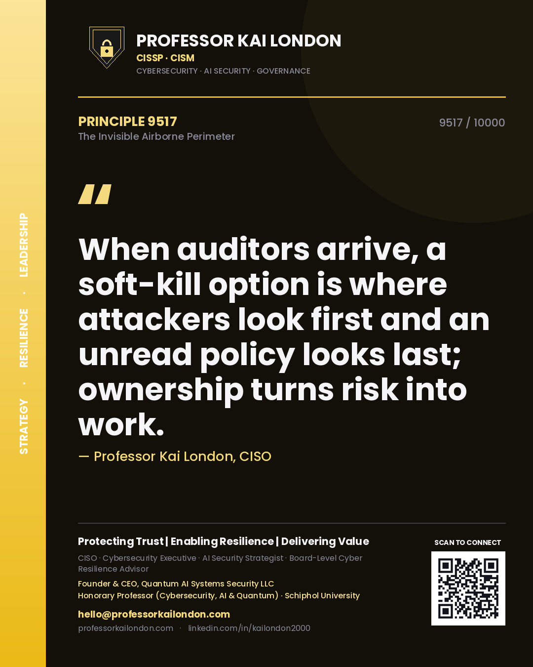 Quote card by Professor Kai London reading 'When auditors arrive, a soft-kill option is where attackers look first and an unread policy looks last; ownership turns risk into work.'. From the book The Invisible Airborne Perimeter.
